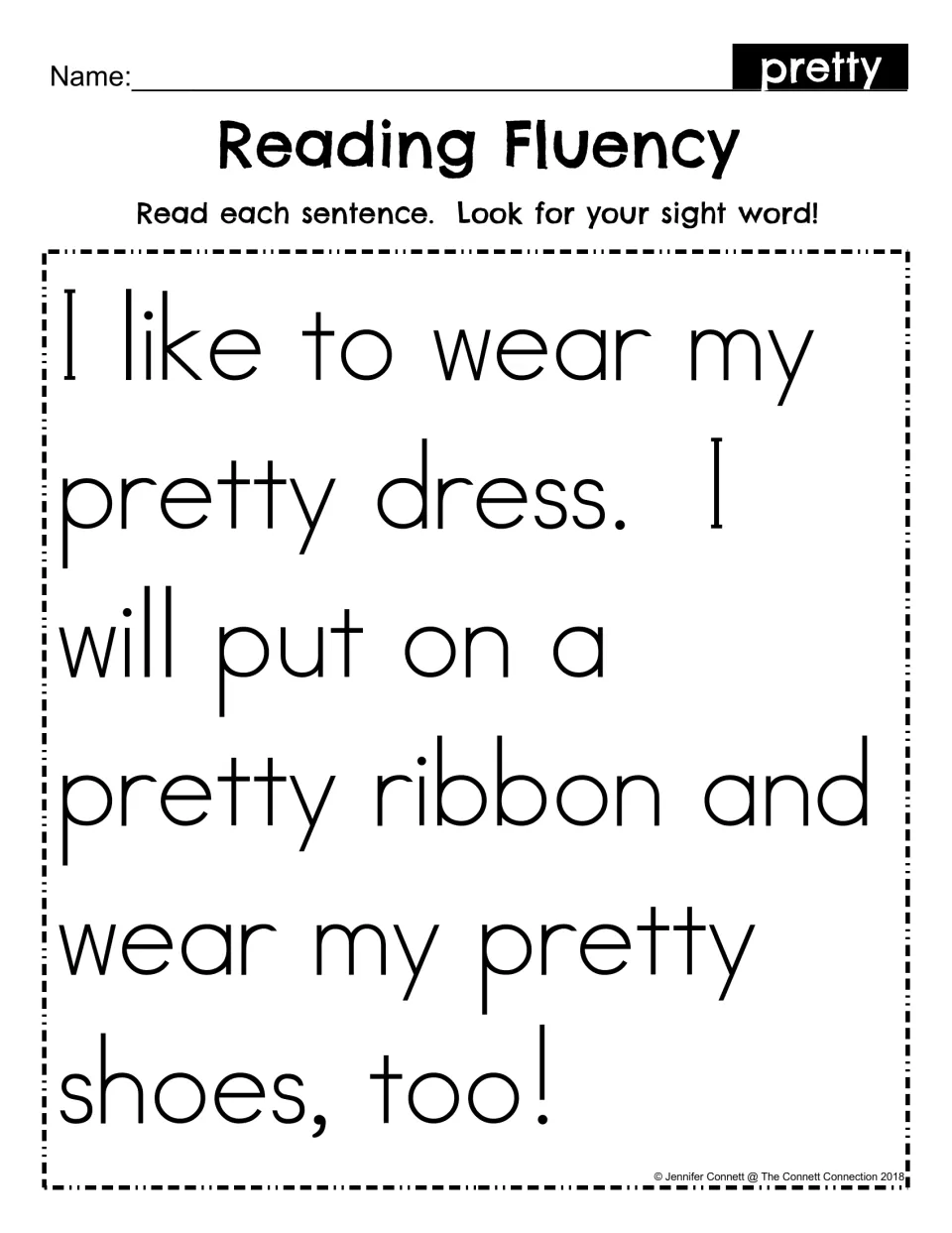 Reading Fluency for sight word pretty: students read about a pretty dress, ribbon and shoes and spot the word