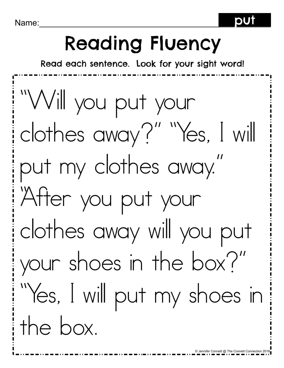 Reading Fluency for sight word put: students read a short dialogue about putting clothes away and shoes in the box