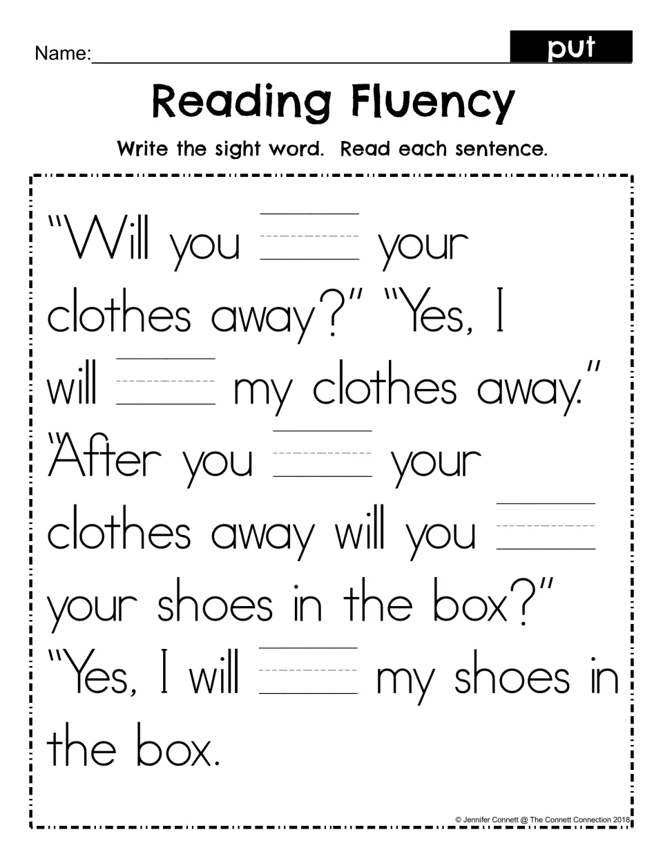 Reading Fluency fill-in: students write put in five blanks of the clothes-and-shoes dialogue, then read each sentence
