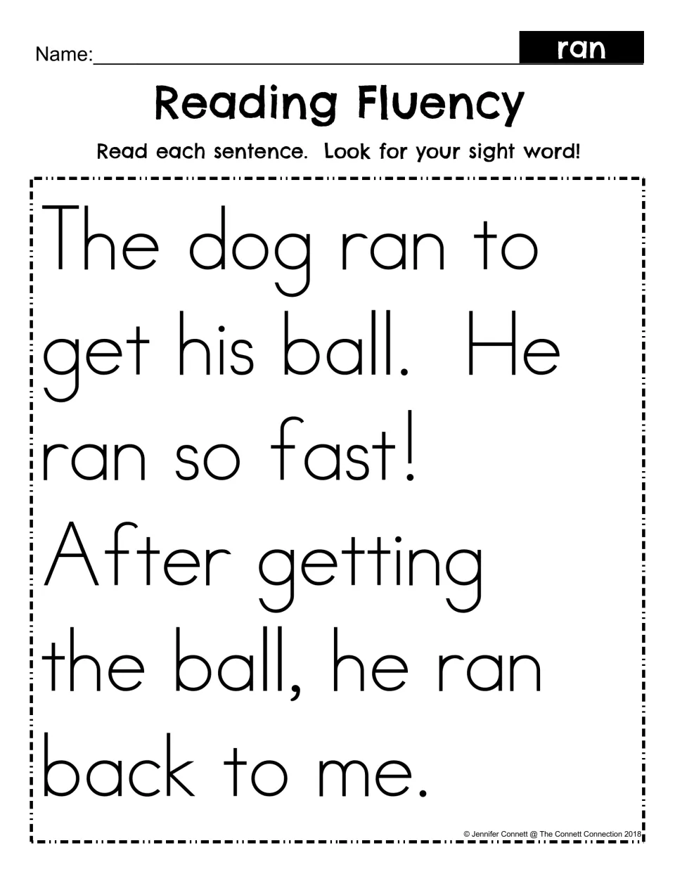 Reading Fluency for sight word ran: students read a short story about a dog that ran to get his ball and spot ran