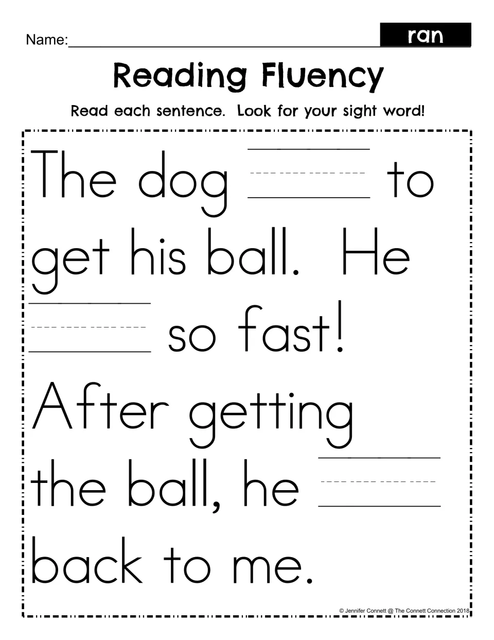 Sight word ran fill-in: students reread the dog and ball story and write ran on the three blanks to complete each sentence