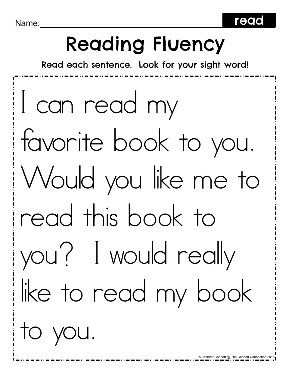 Sight word reading passage using “read” three times, beginning “I can read my favorite book to you.”