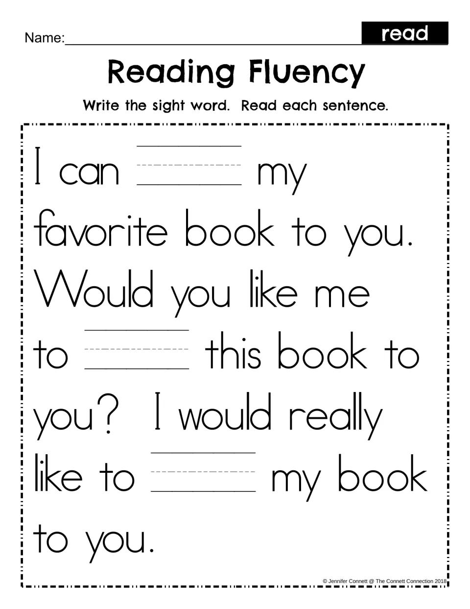 Sight word fill-in passage with three blanks for “read,” beginning “I can ___ my favorite book to you.”
