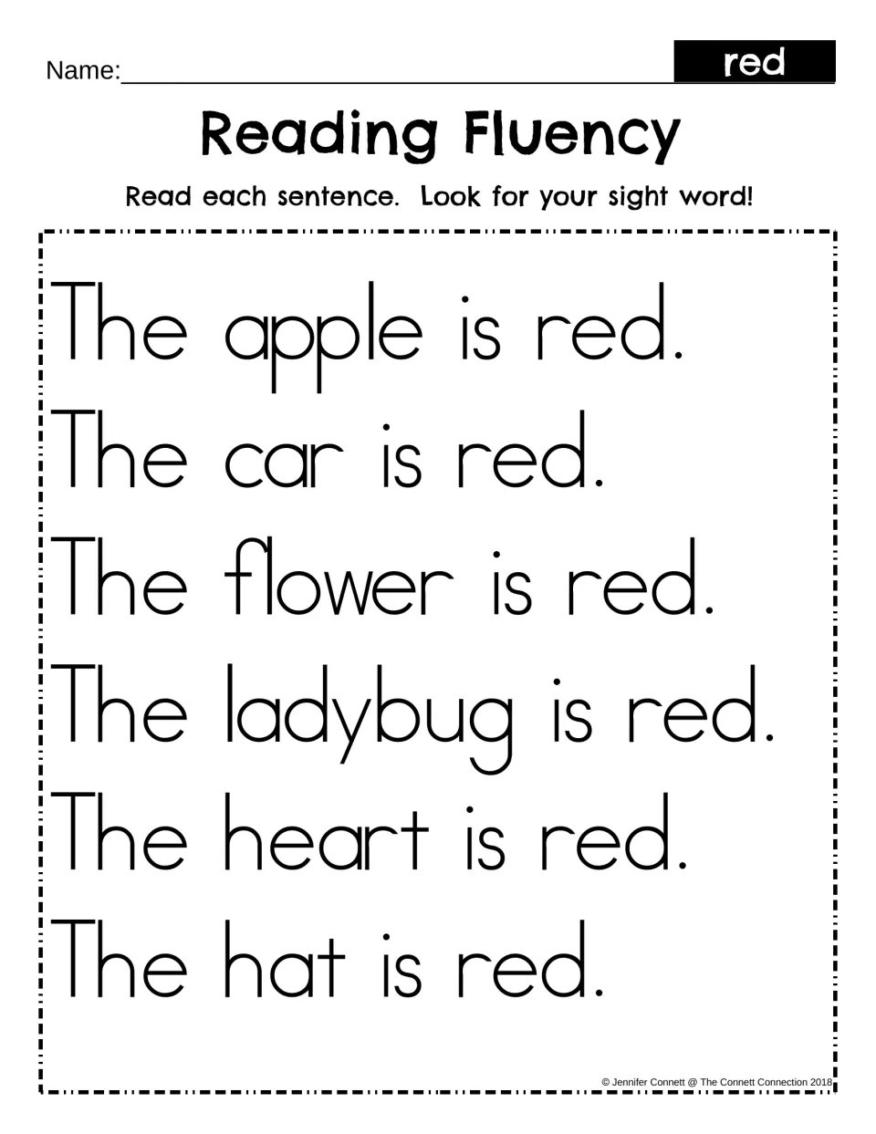 Reading Fluency for sight word red: students read six sentences such as The apple is red and The ladybug is red