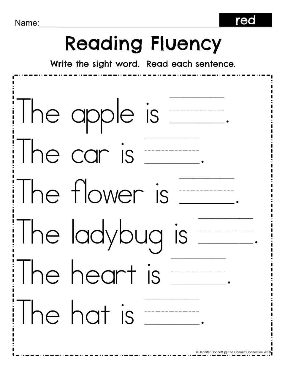 Reading Fluency fill-in: students write the sight word red to complete six sentences, then read each one
