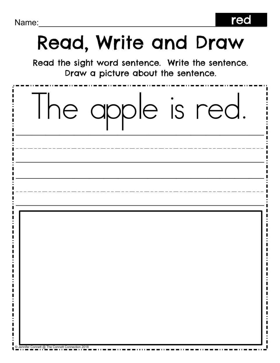 Read, Write and Draw: students read The apple is red, copy the sentence and draw a picture about it