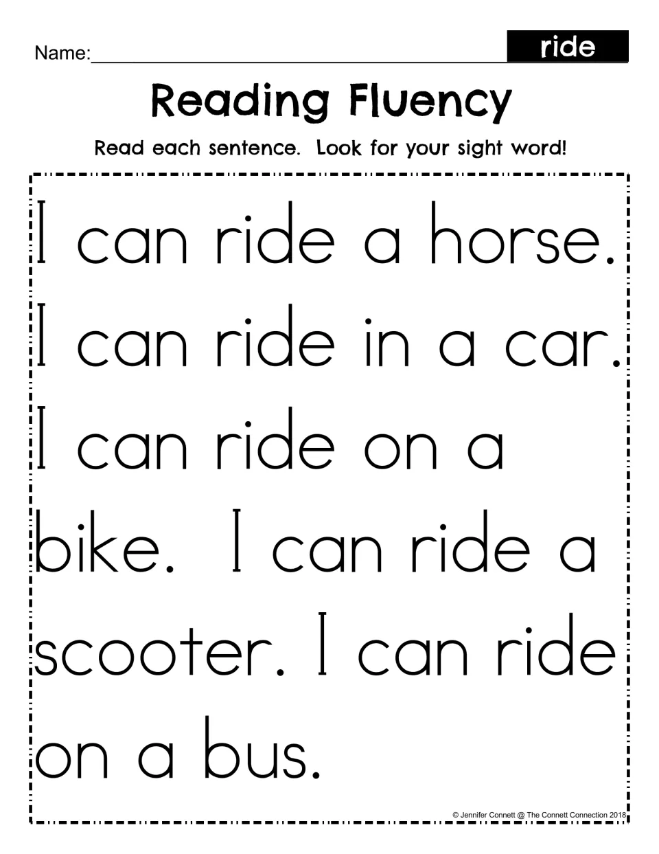 Reading Fluency, sight word ride: students read five sentences like I can ride a horse and look for the word each time