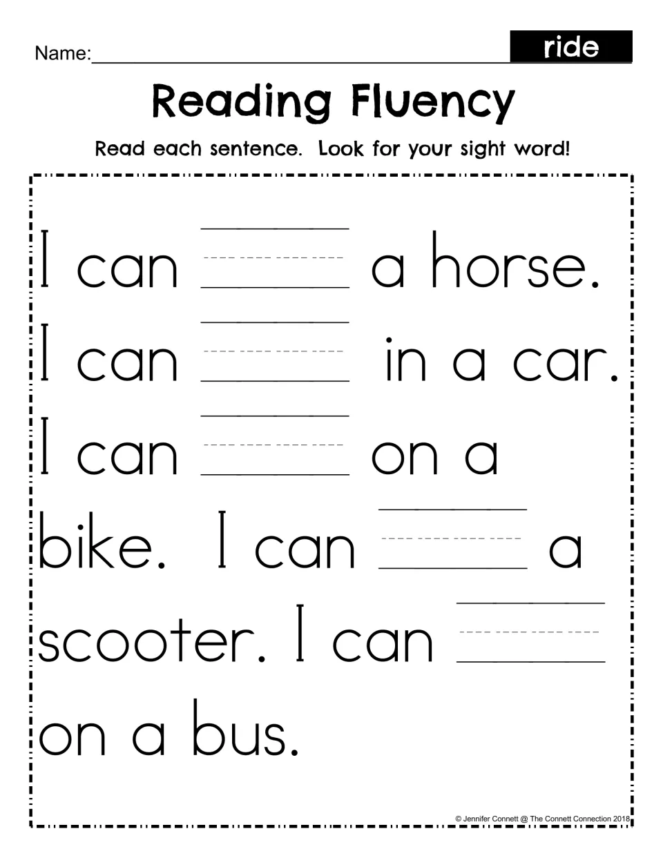 Sight word fill-in: students write ride in the blank of five I can sentences about a horse, car, bike, scooter and bus