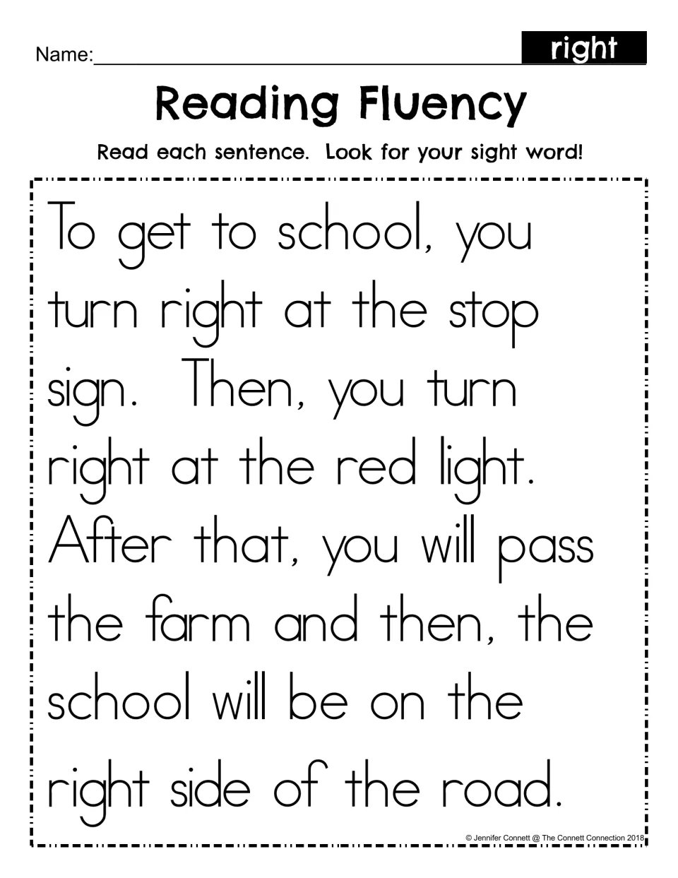 Reading fluency with sight word right: students read a short passage about turning right on the way to school