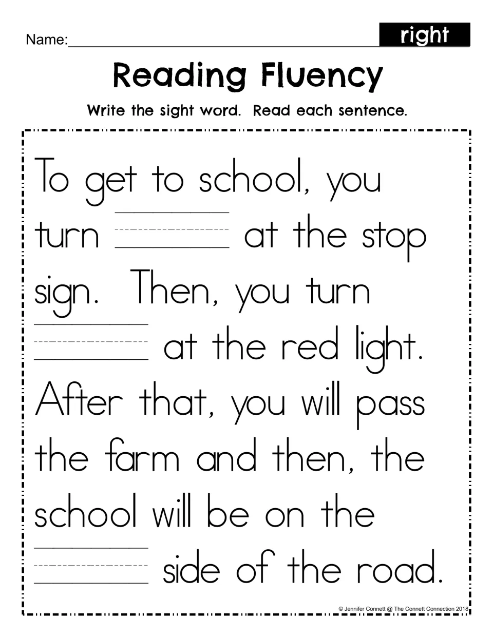 Sight word right fill-in: students write right in three blanks of the school directions passage, then read it aloud
