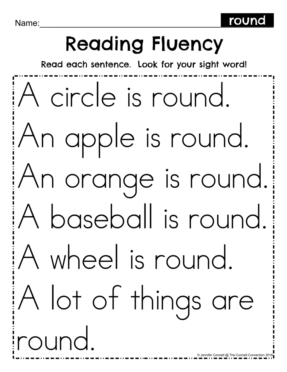 Reading fluency for the sight word round: students read six sentences, from A circle is round to A wheel is round