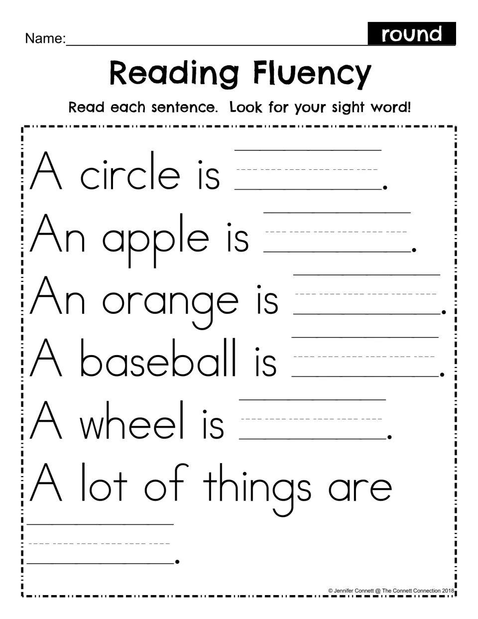 Fill-in practice for the sight word round: students write round to complete six sentences such as An apple is ___.
