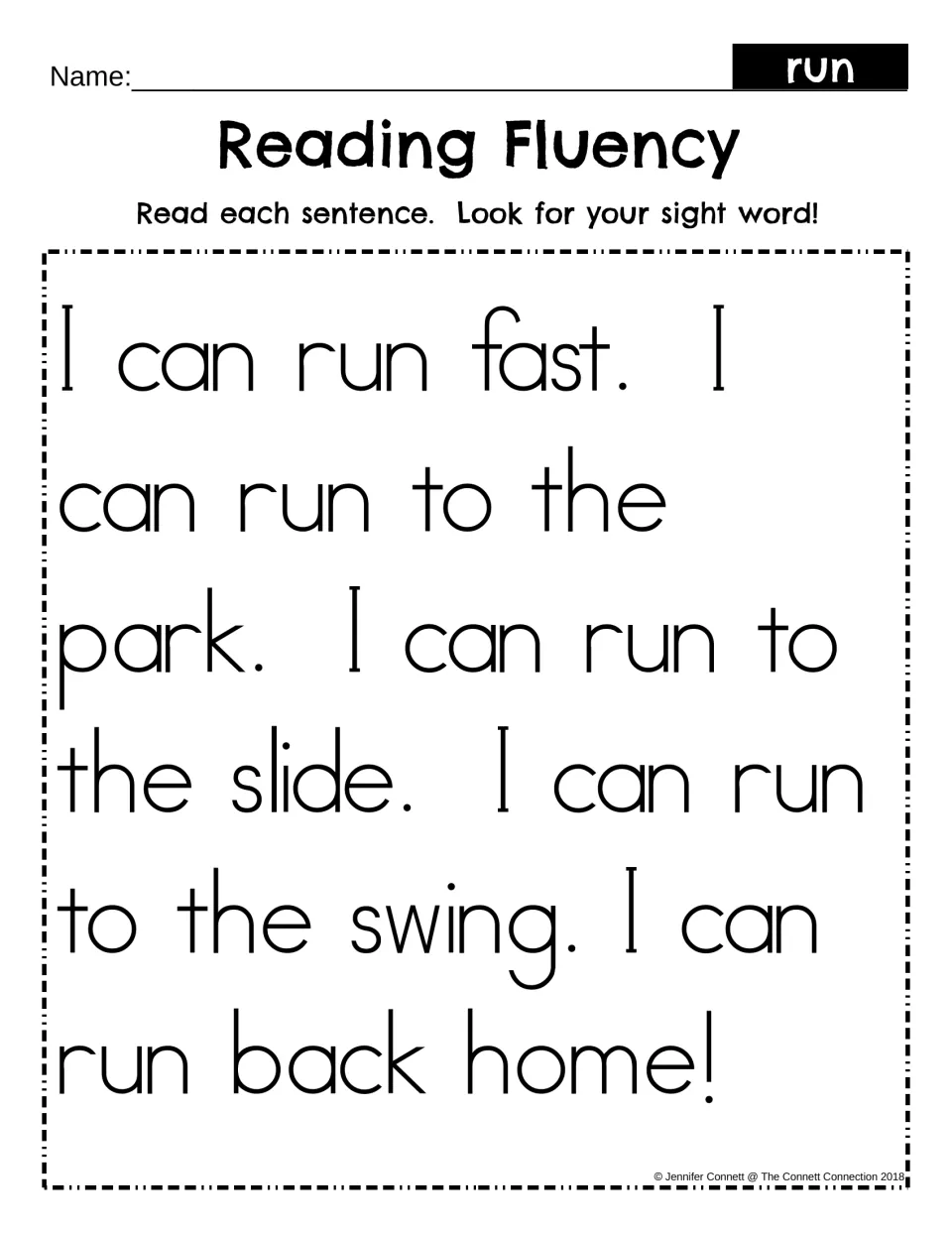 Reading Fluency for the sight word run: students read a short passage about running to the park, slide, swing and home