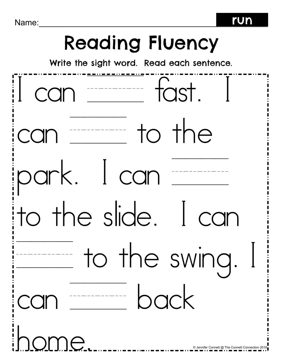 Reading Fluency fill-in for run: students write the sight word in each blank of the park passage, then read the sentences