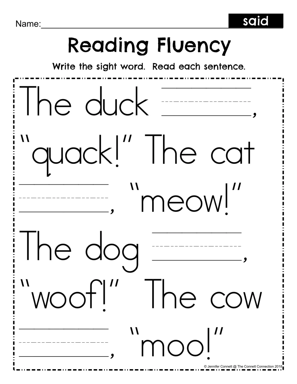 Sight word said fill-in: students write said in four blanks, as in The cat ___, "meow!", then reread the sentences