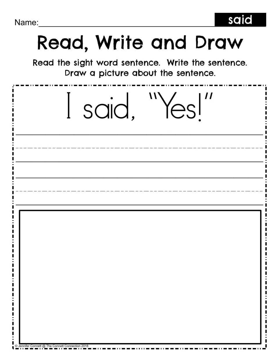 Read, Write and Draw: students read I said, "Yes!", copy the sentence and draw a picture about it