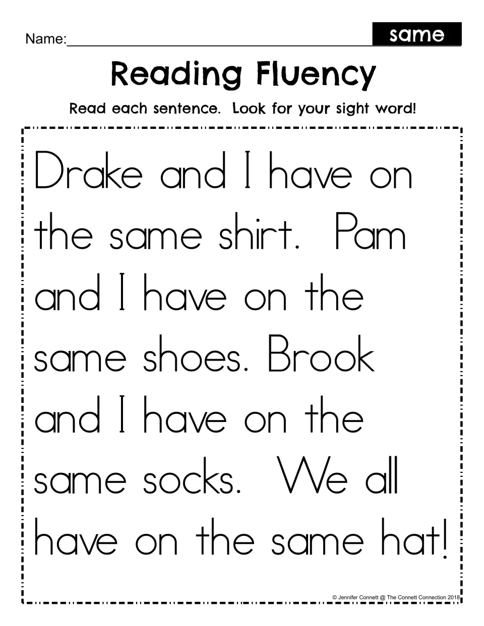 Sight word same reading fluency: students read a short passage about matching shirts, shoes, socks and hat