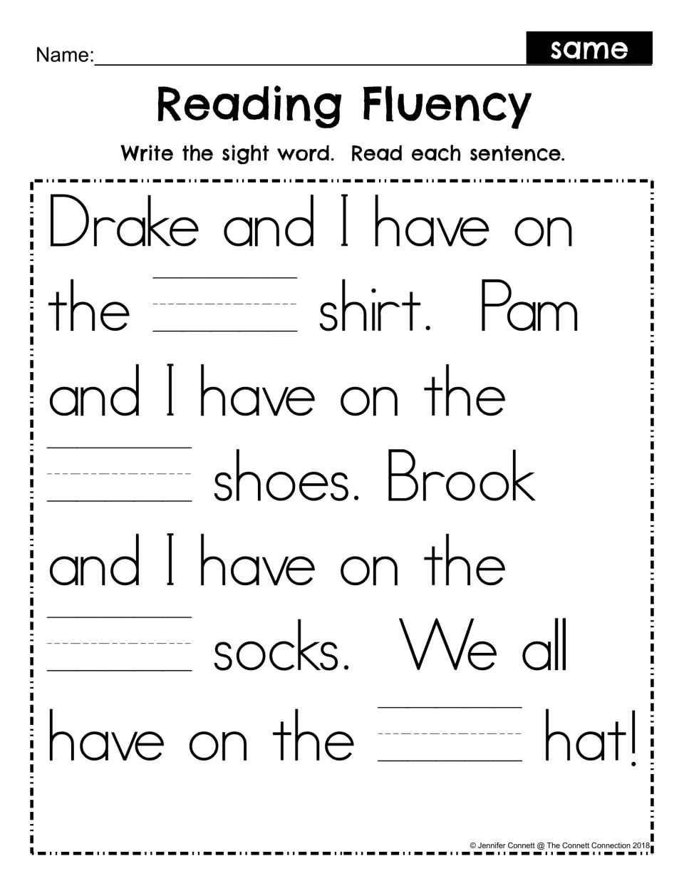 Sight word fill-in: students write same in four blanks of the shirt, shoes, socks and hat passage, then read it aloud
