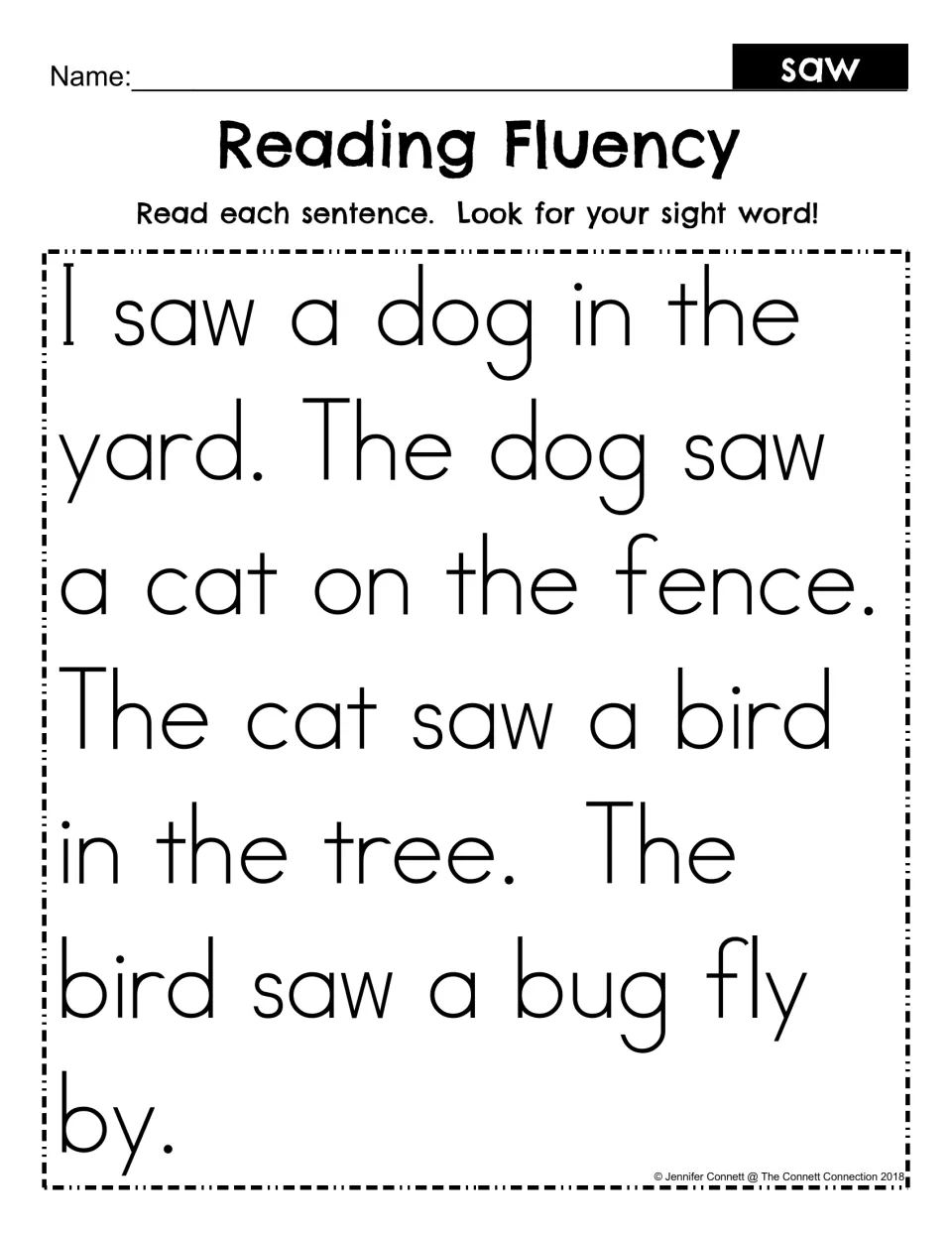 Reading fluency passage practicing “saw”: a dog in the yard, a cat on the fence, a bird, and a flying bug.