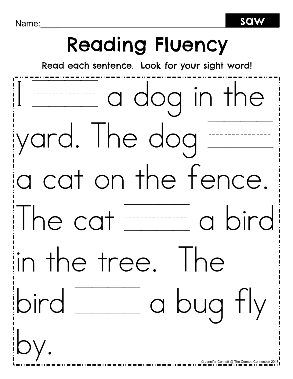 Fill-in reading fluency passage with four missing uses of “saw” in the story about a dog, cat, bird, and bug.