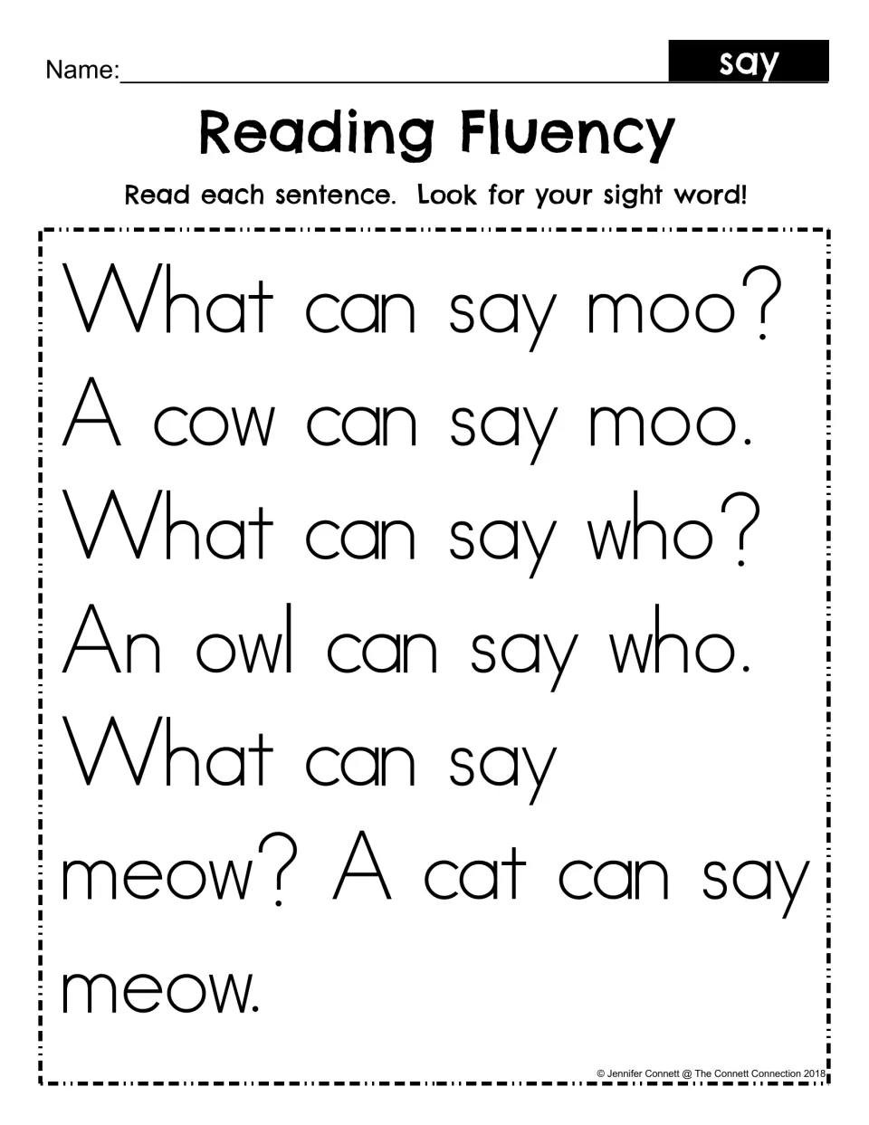 Reading Fluency for sight word say: students read six sentences such as A cow can say moo and look for the word say