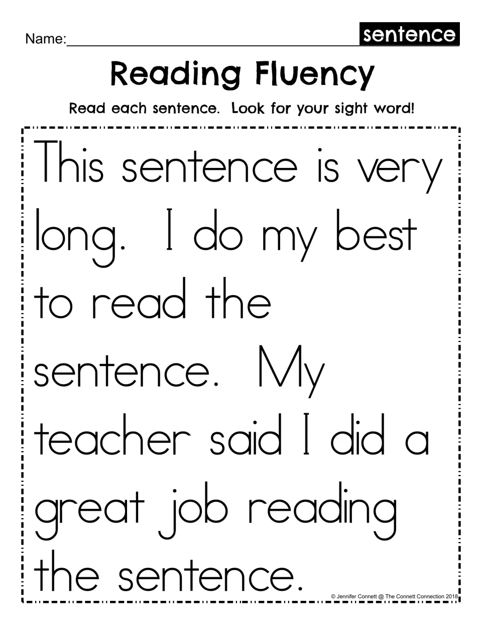 Reading Fluency, sight word sentence: students read a large-print passage and look for the word each time it appears