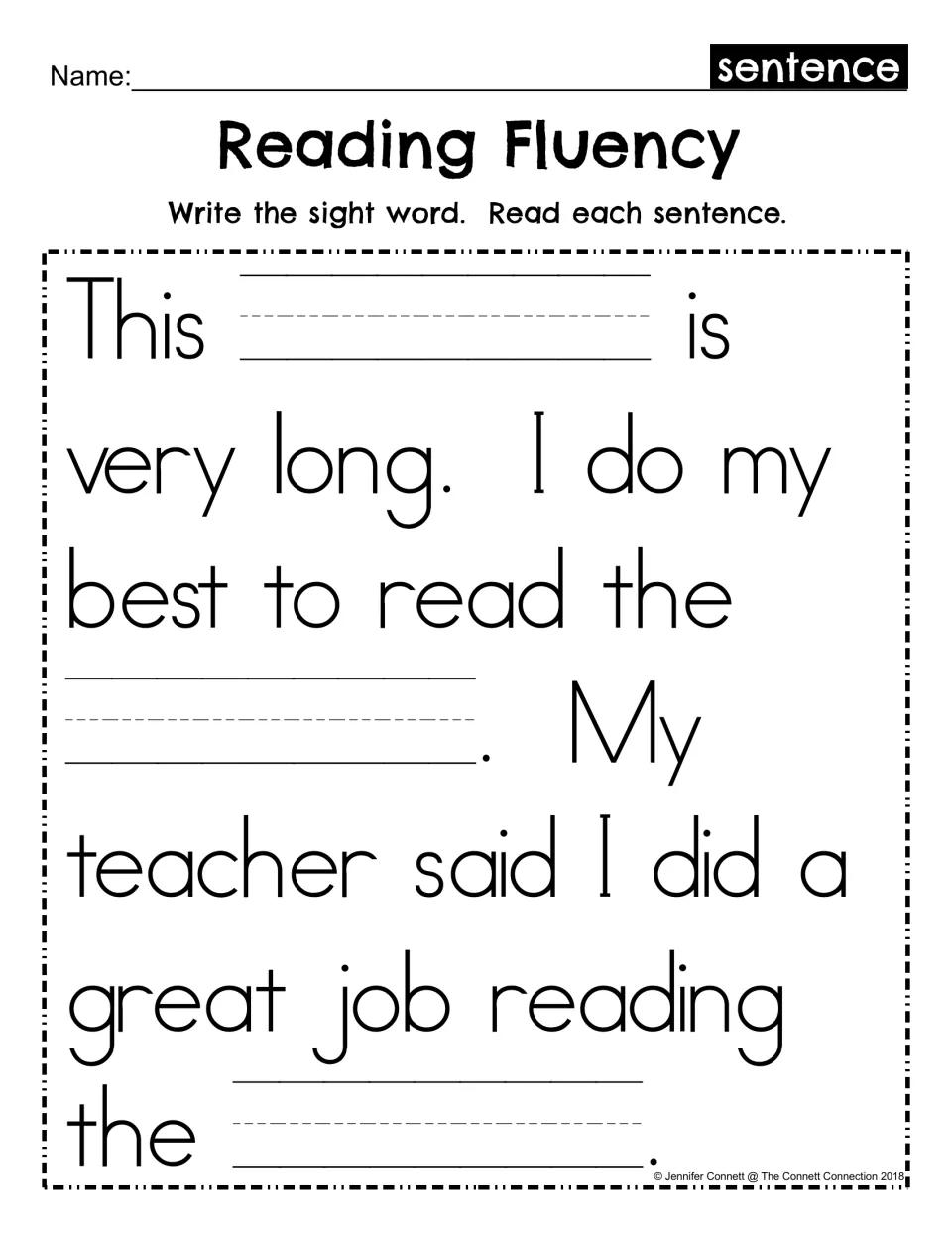 Reading Fluency fill-in: students write the sight word sentence in three blanks, then read the full passage