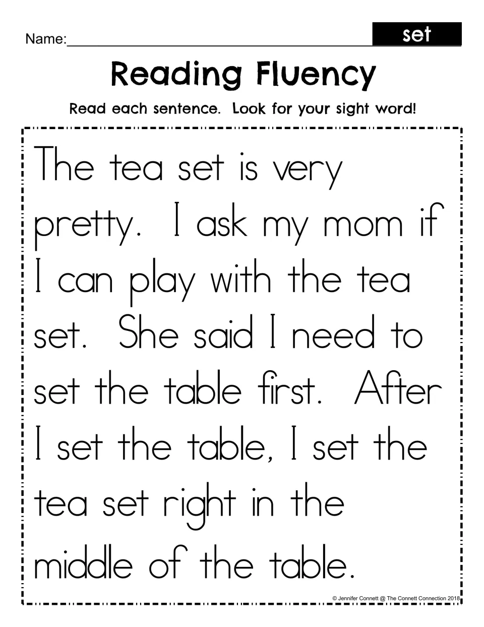 Reading Fluency for sight word set: students read a short tea set passage and look for the word set in each sentence