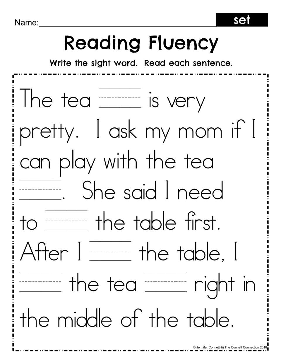 Reading Fluency cloze: students write the sight word set in six blanks of the tea set passage, then read each sentence