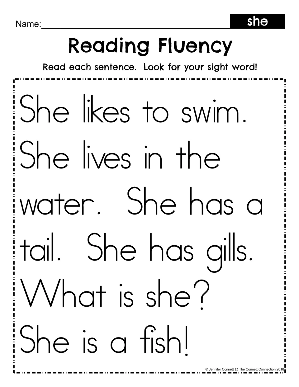 Reading Fluency for sight word she: students read six short sentences about a fish and look for she in each one