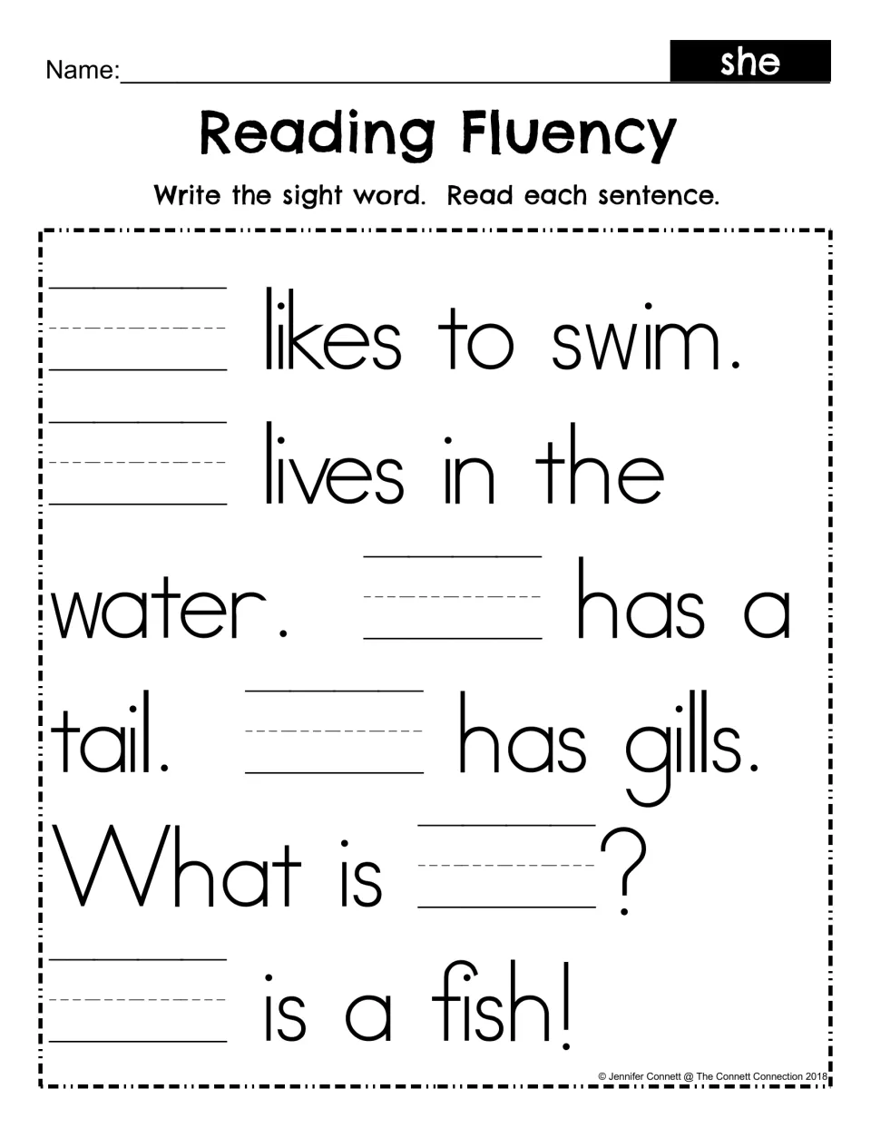 Reading Fluency fill-in: students write the sight word she in each blank of the fish sentences, then read them aloud