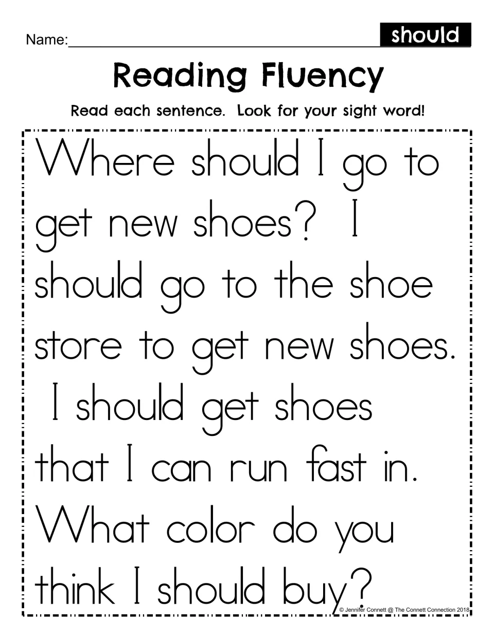 Reading fluency passage repeats “should” in four sentences about buying new shoes and choosing a color.