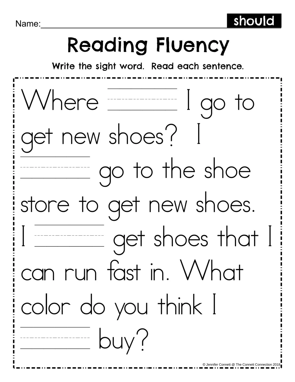 Sight word writing practice replaces “should” with four blanks in the passage about buying new shoes.