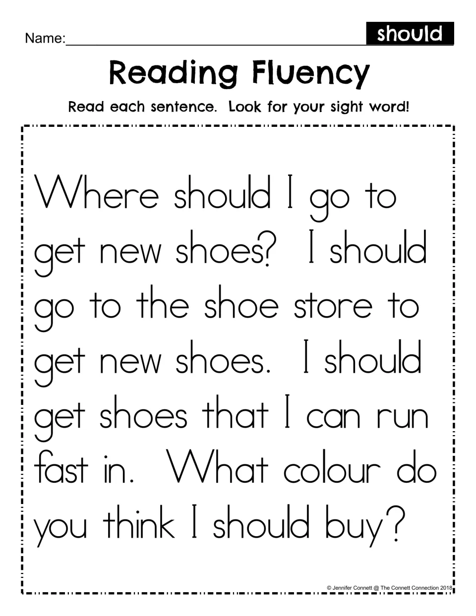 Alternate spelling version of the reading passage repeats “should” in questions and statements about shoes.