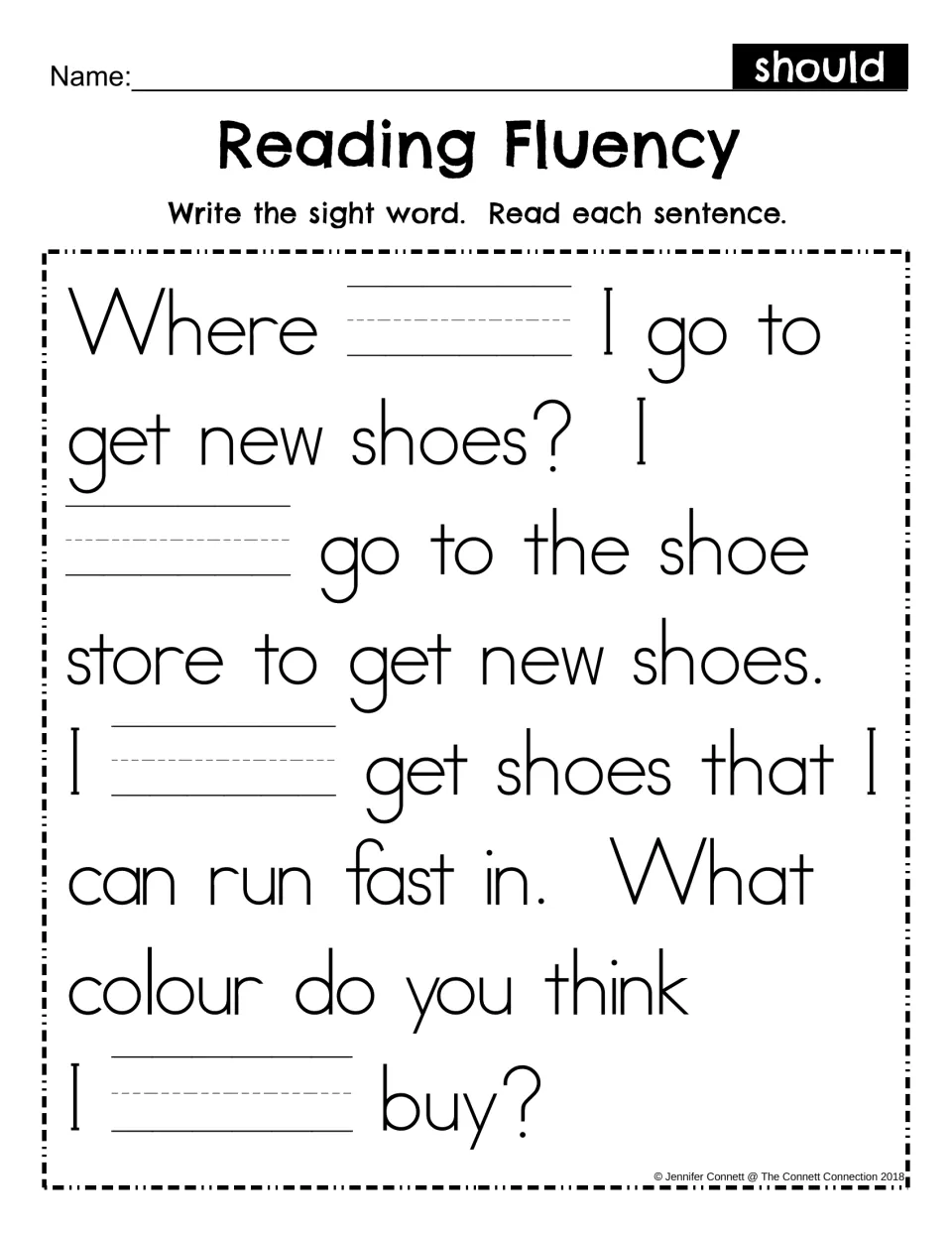 Alternate spelling version of the shoe-shopping fill-in passage asks students to write “should” four times.