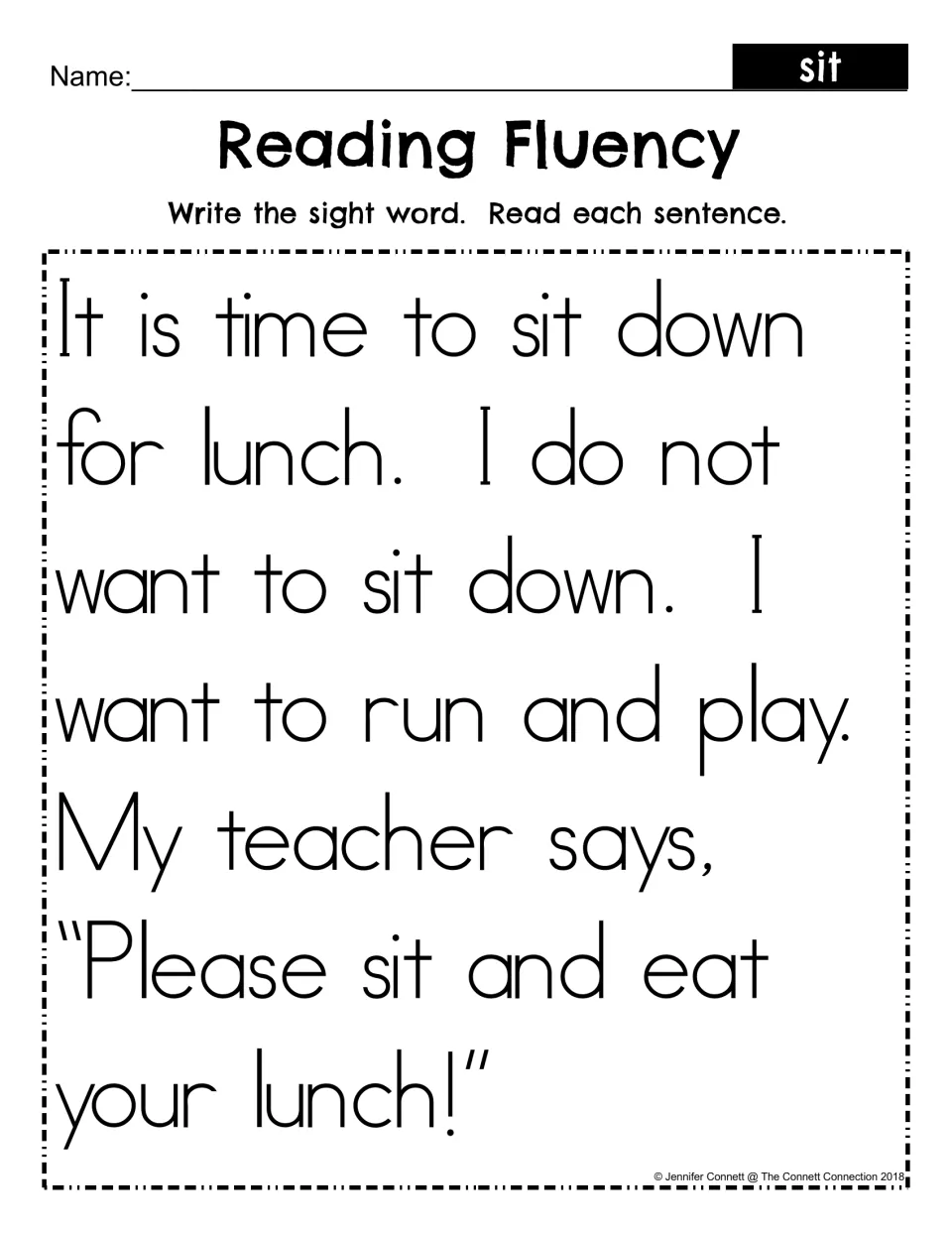 Reading Fluency passage for the sight word sit: students read a short story about not wanting to sit down for lunch