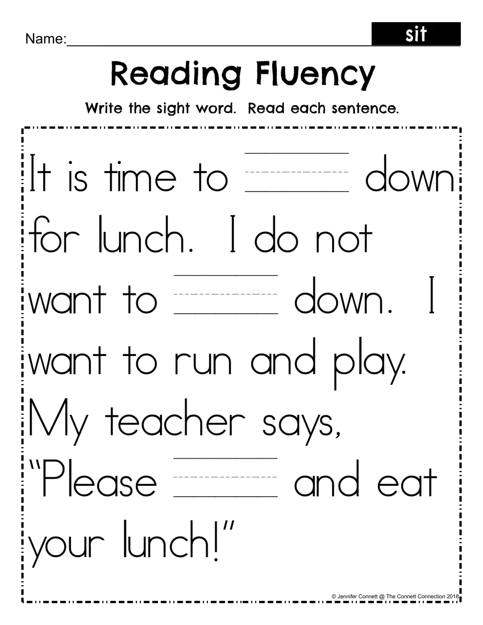 Sight word sit fill-in: students write sit in three blanks of the lunch story, then reread each sentence for fluency