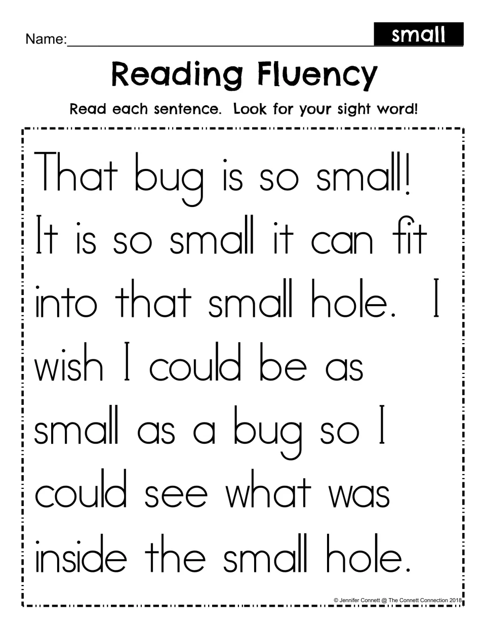 Reading Fluency for sight word small: students read a short passage about a tiny bug and look for the word