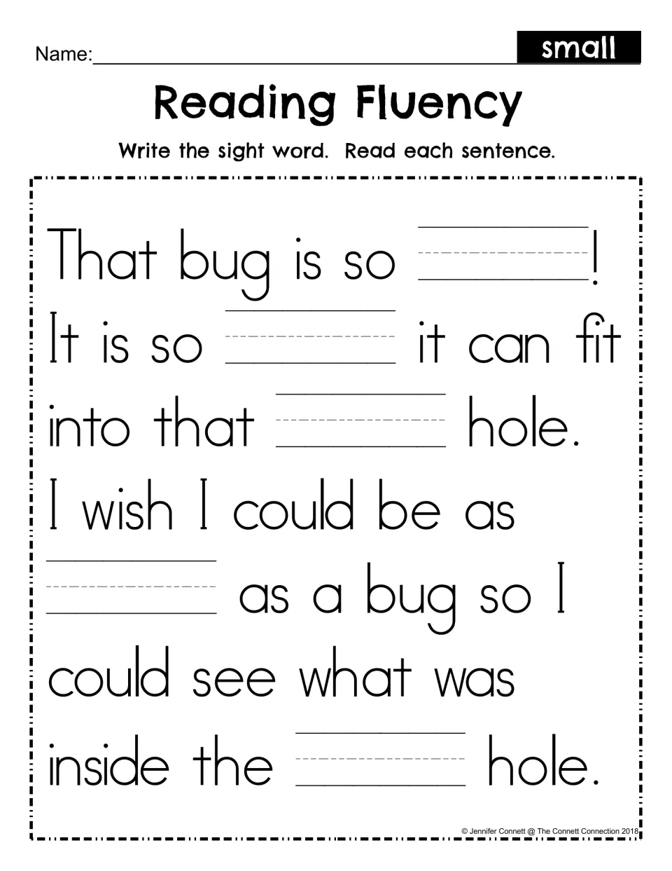 Sight word small fill-in: students write small in five blanks of the bug passage, then read each sentence