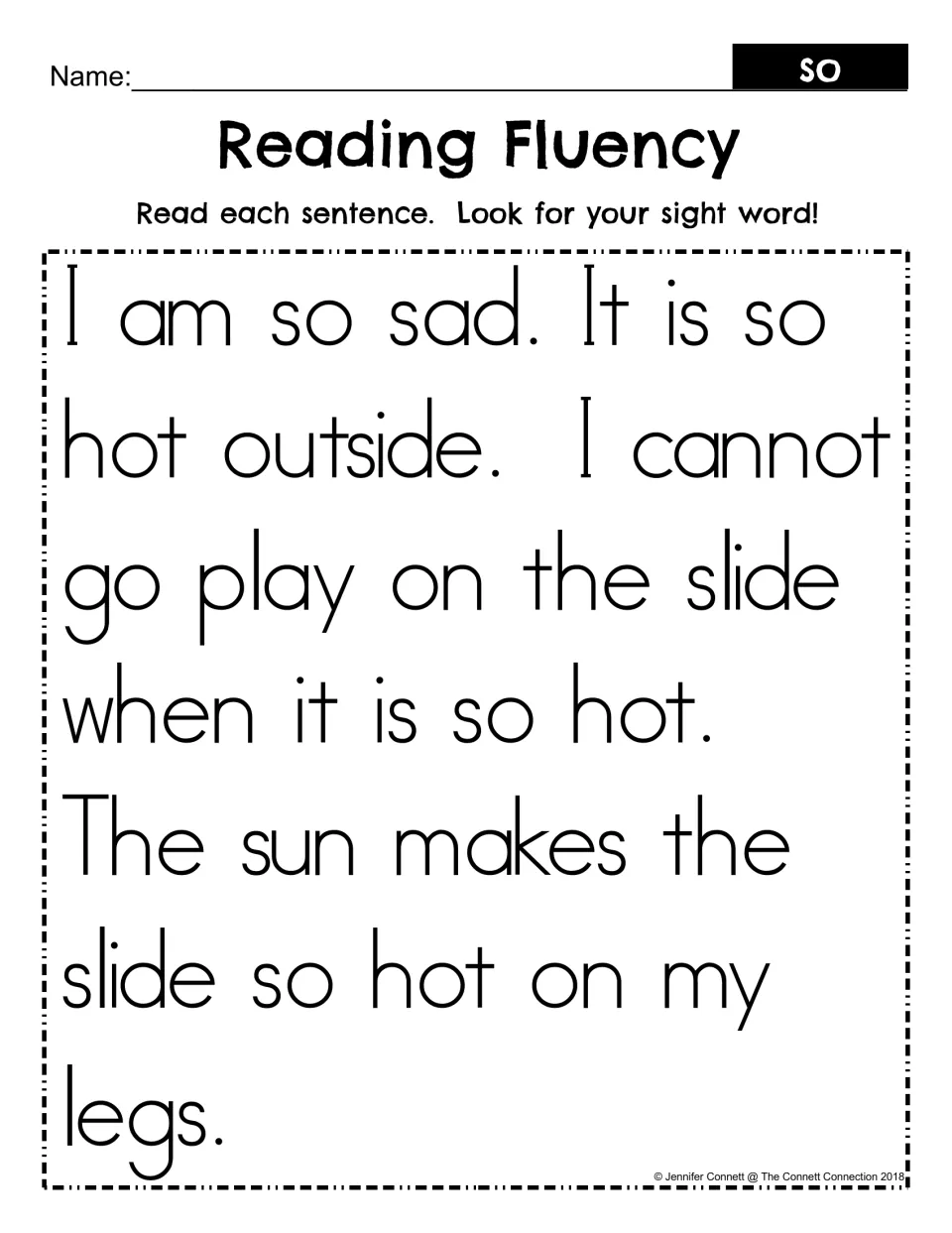 Sight word so reading fluency: students read a short passage about a hot slide and look for each use of so