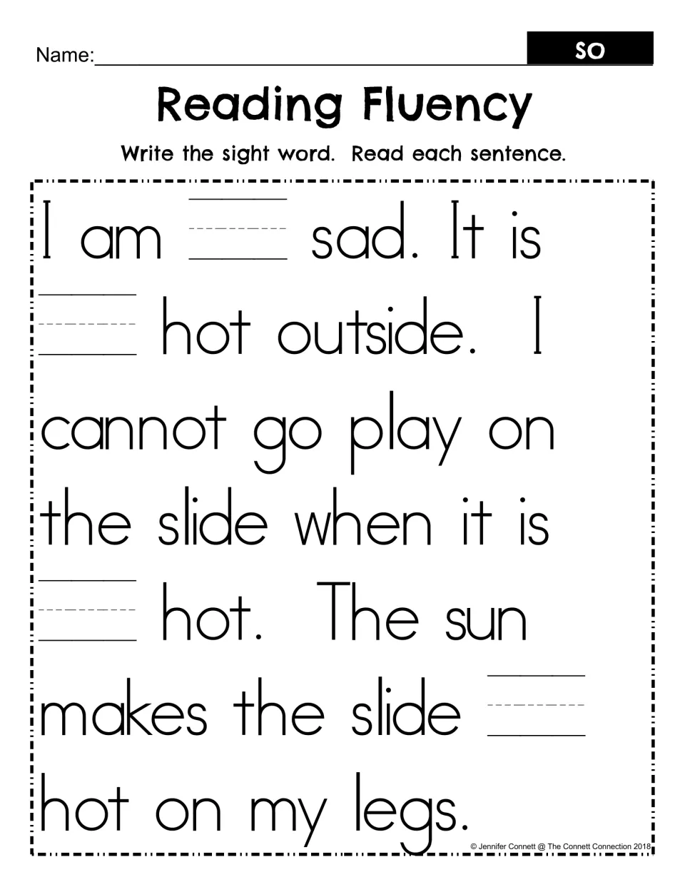 Sight word so fill-in: students write so in four blanks of the hot slide passage, then read each sentence aloud