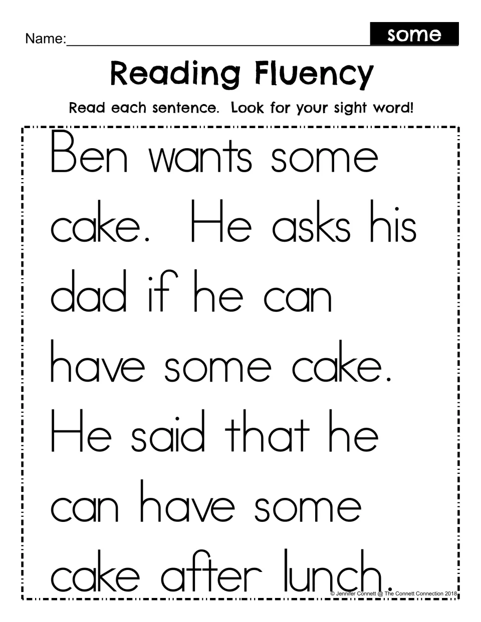 Reading Fluency for the sight word some: students read a short story about Ben wanting cake and find each use of some