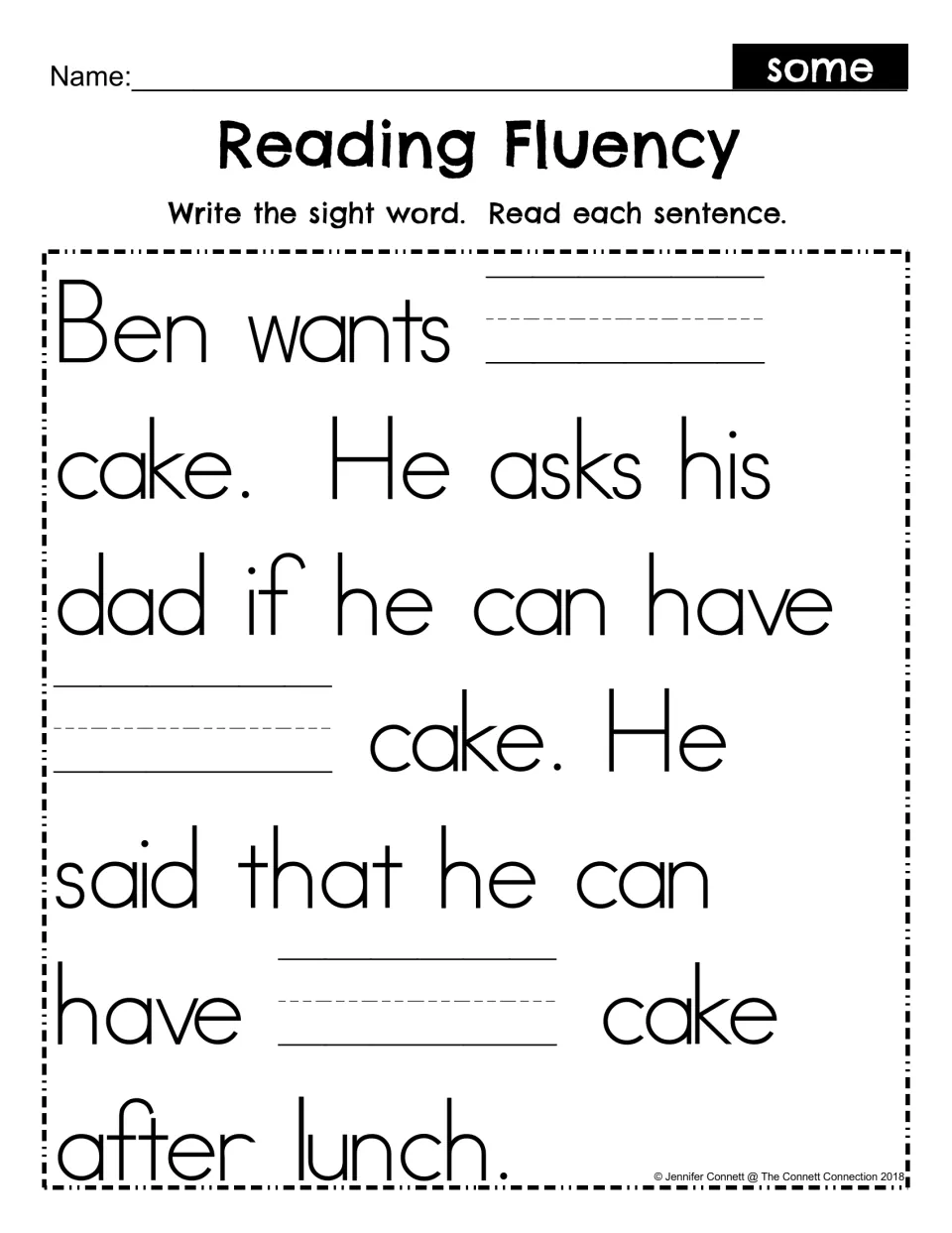 Sight word some fill-in: students write some in the three blanks of the Ben and cake story, then reread each sentence