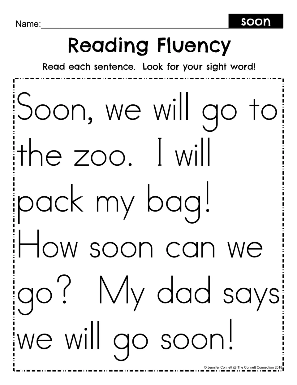 Sight word soon reading fluency: students read a short zoo trip story and look for soon each time it appears