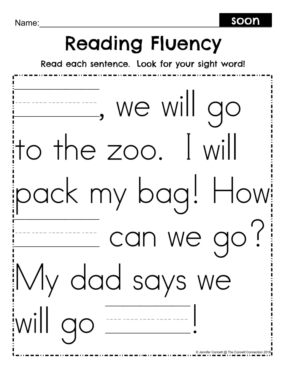 Fill-in fluency passage: students write soon in three blanks to complete the zoo story, then read it