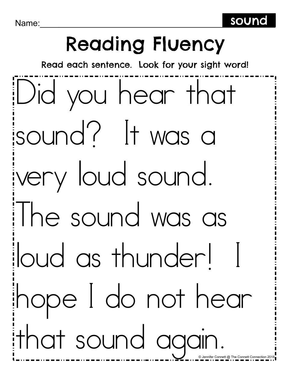 Reading Fluency for sight word sound: students read a short passage about a sound as loud as thunder and find the word