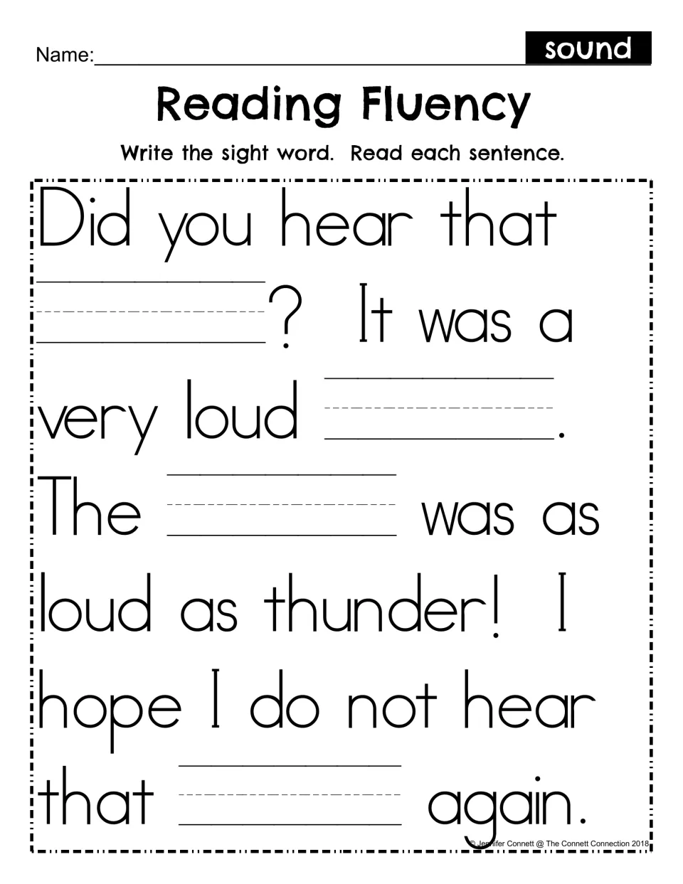 Reading Fluency fill-in: students write the sight word sound in four blanks of the thunder passage, then read it aloud