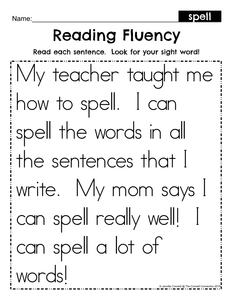 Reading Fluency for sight word spell: students read a short passage about learning to spell and find the word each time
