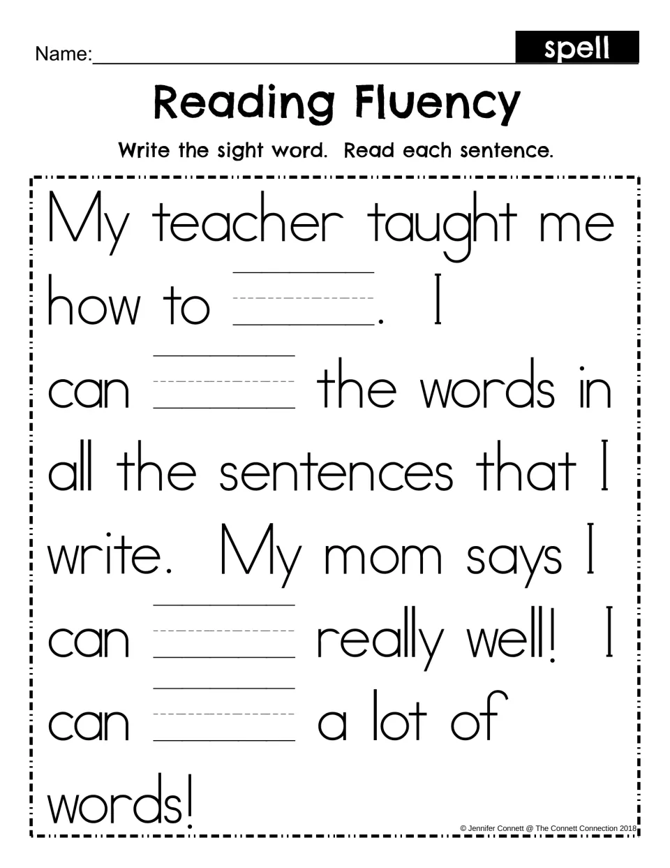 Reading Fluency fill-in for spell: students write the sight word in four blanks, then read the passage about a teacher