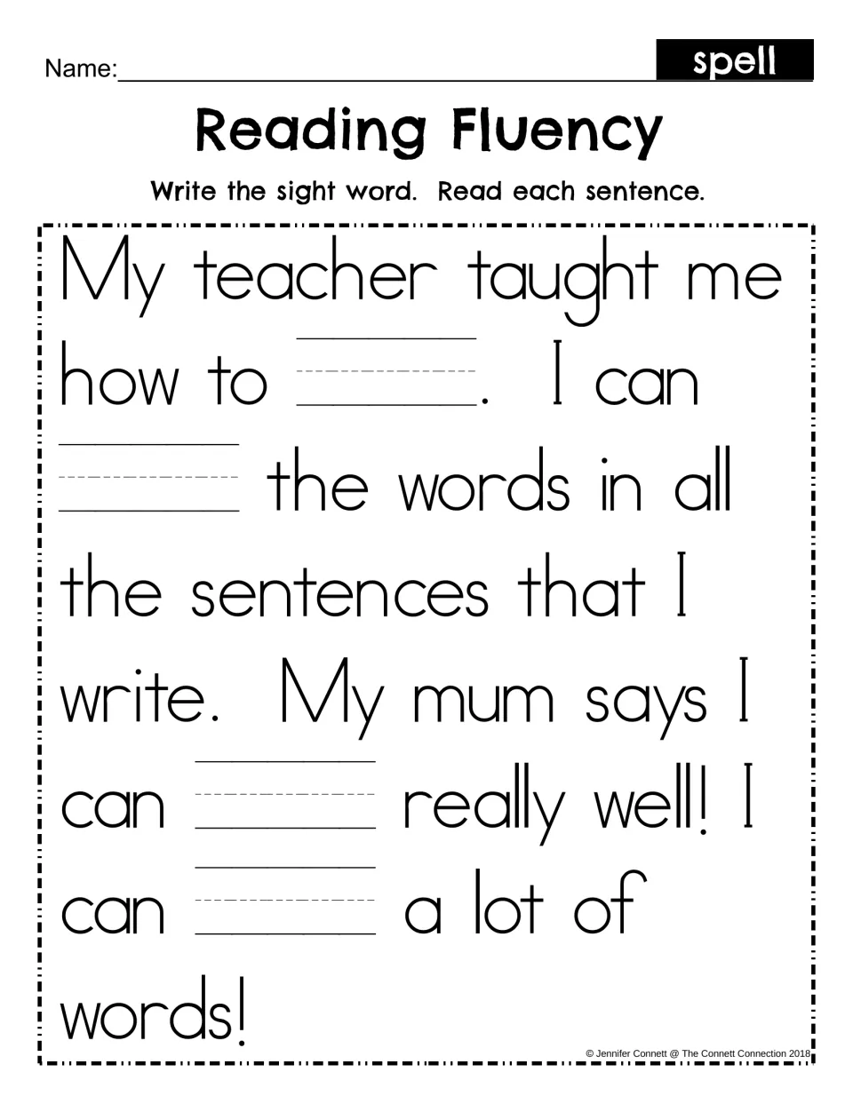 Reading Fluency fill-in with mum wording: students write spell in each of the four blanks, then read the whole passage